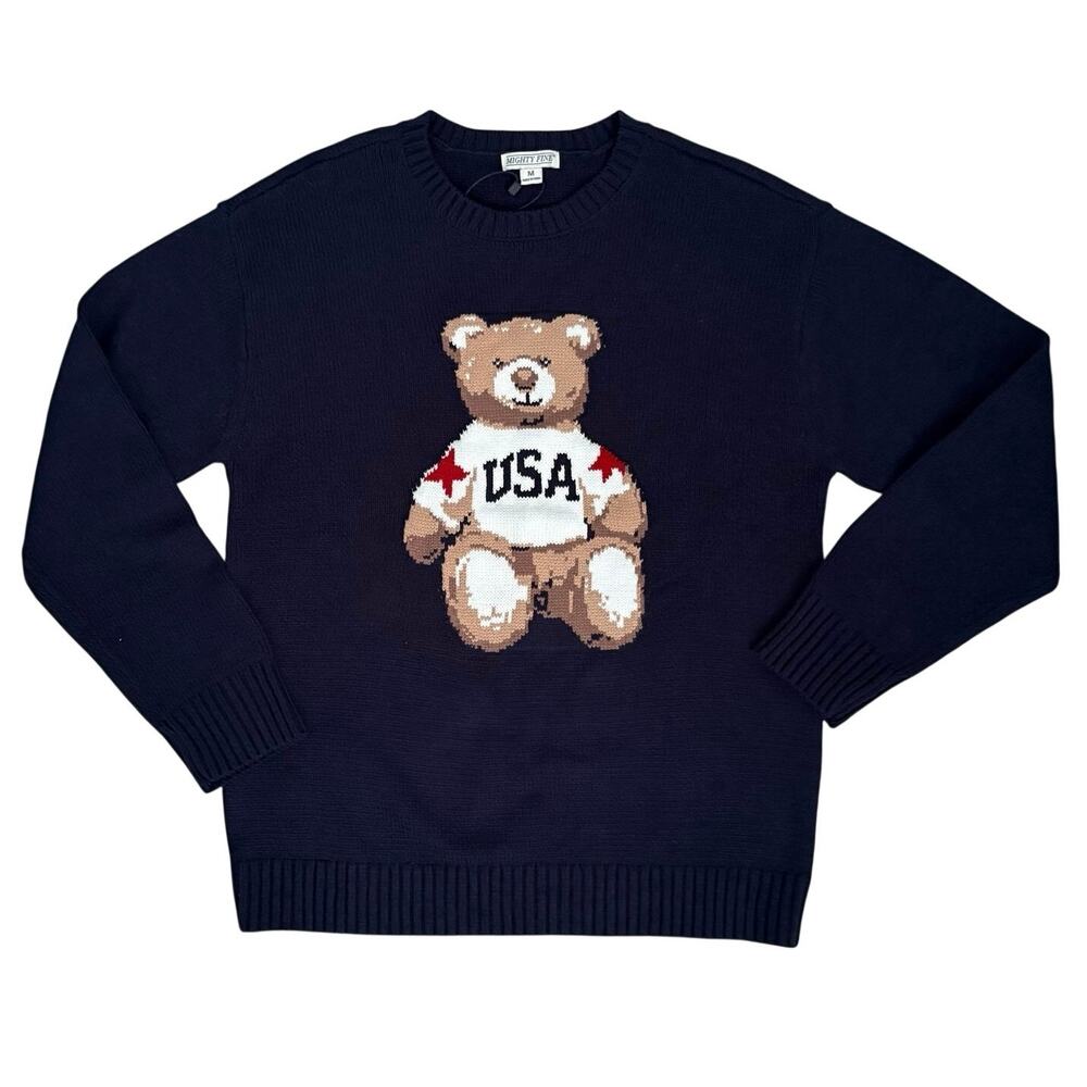 Mighty Fine Navy Blue USA Bear Sweater Women’s M Patriotic 250th July 4th NWT - Picture 2 of 7